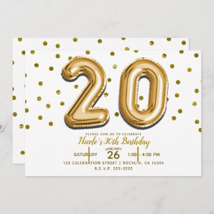 20 Gold Balloons & Confetti 20th Birthday Party Invitation