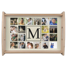 20 photo collage Black and Biege Family Serving Tray