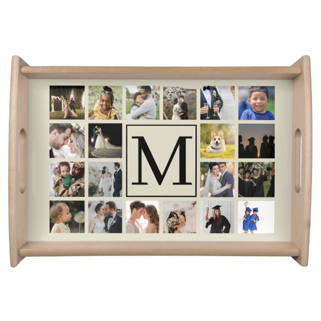 20 photo collage Black and Biege Family Serving Tray (Front)