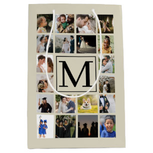 20 photo collage Black Biege Pattern grandparents Medium Gift Bag