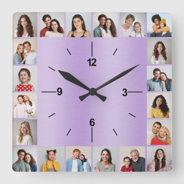 20 Photo Collage Brushed Metallic Purple Pastel Square Wall Clock (Front)