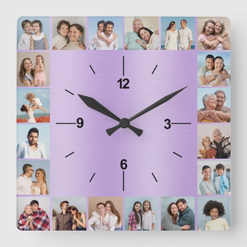 20 Photo Collage Brushed Metallic Purple Pastel Square Wall Clock