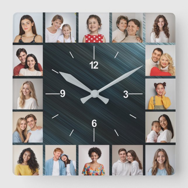 20 Photo Collage Brushed MultiColored Metallic  Square Wall Clock (Front)