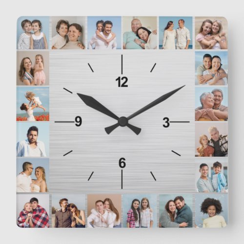 20 Photo Collage Brushed Silver Metallic Square Wall Clock