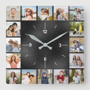 20 Photo Collage Faux Black Brushed Metallic Foil Square Wall Clock