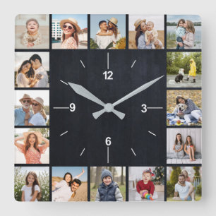 20 Photo Collage Faux Black Chalkboard Square Wall Clock
