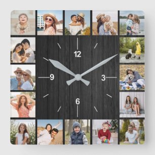 20 Photo Collage Faux Dark Black Wood Fence Square Wall Clock