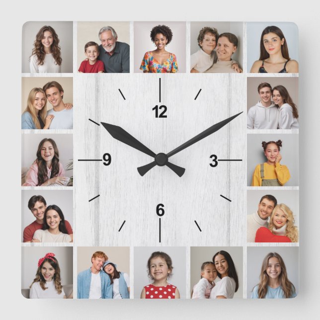 20 Photo Collage Faux Light White Wood Fence Square Wall Clock (Front)