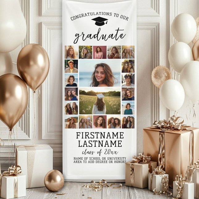 20 Photo Collage Graduation Modern Minimal White Banner (Custom Graduation Photo Banner - Great backdrop and Graduation Party Decoration)