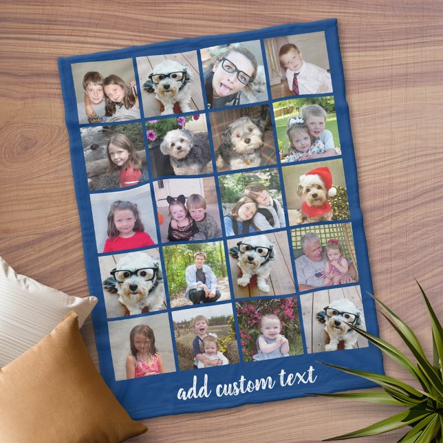 20 Photo Collage - Grid with Script Text - blue Fleece Blanket (Personalized Fleece Blanket)