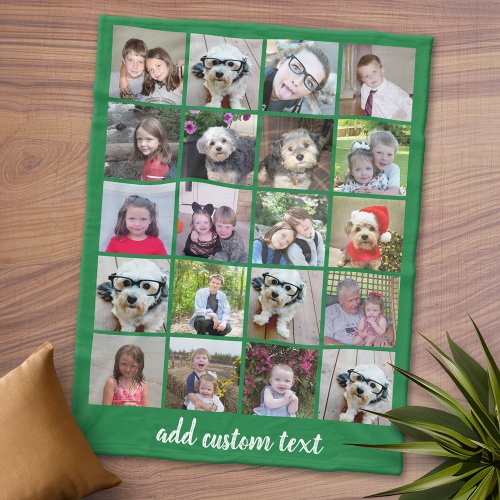 20 Photo Collage _ Grid with Script Text _ green Fleece Blanket