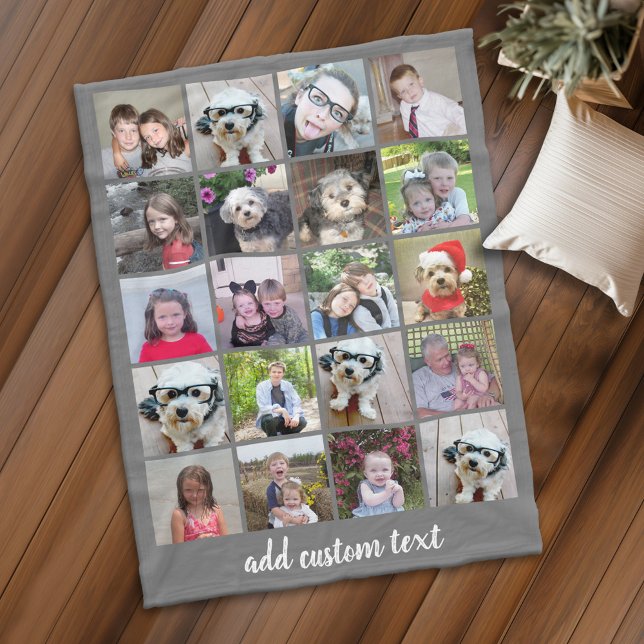 20 Photo Collage - Grid with Script Text - grey Fleece Blanket (Personalized fleece blanket with 20 photos and custom text - Makes a great Gift)