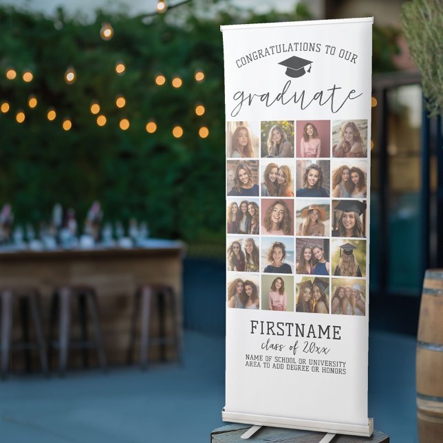 20 Photo - Graduation Modern Minimal White Retractable Banner (Custom Graduation Banner Stand - Photo Collage with Modern Black and White Design)