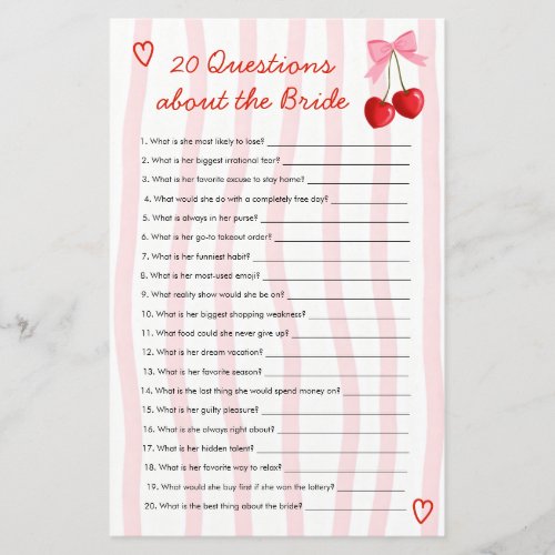 20 Questions about Bride Cherry Bridal Shower Game