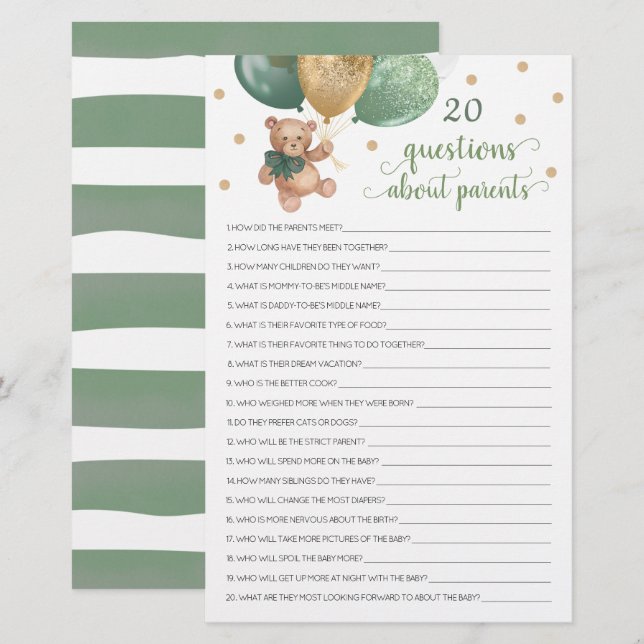 20 Questions About Parents Baby Shower Teddy Bear (Front/Back)