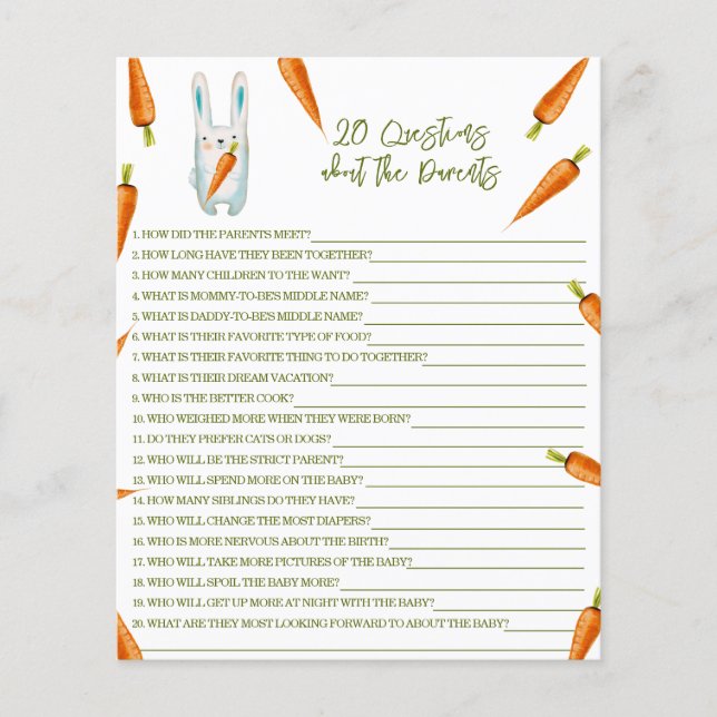 20 Questions about Parents! Bunny baby shower game (Front)