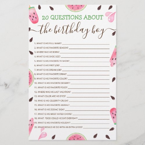20 Questions About The Birthday Boy Editable Game