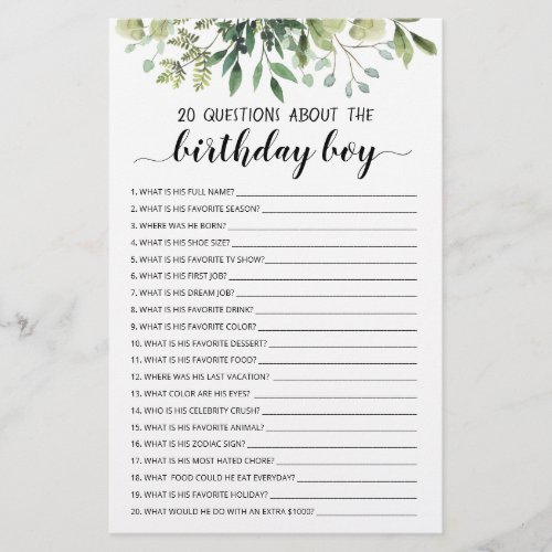 20 Questions About The Birthday Boy Editable Game