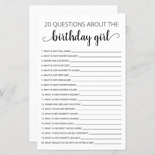 20 Questions about the Birthday Girl Birthday game | Zazzle