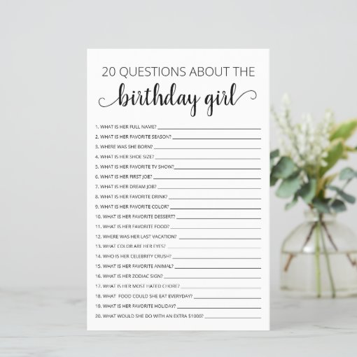 20 Questions about the Birthday Girl Birthday game | Zazzle