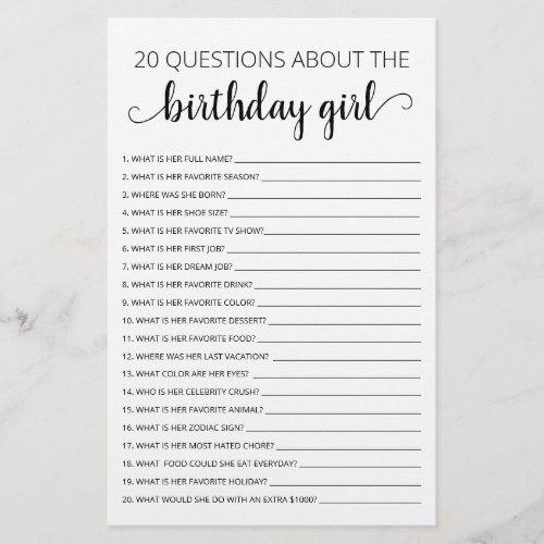 20 Questions about the Birthday Girl Birthday game