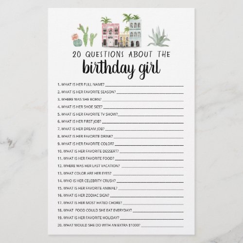 20 Questions About The Birthday Girl Editable Game