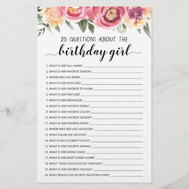 20 Questions About The Birthday Girl Editable Game (Front)