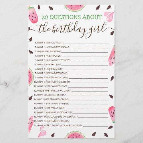 20 Questions About The Birthday Girl Editable Game