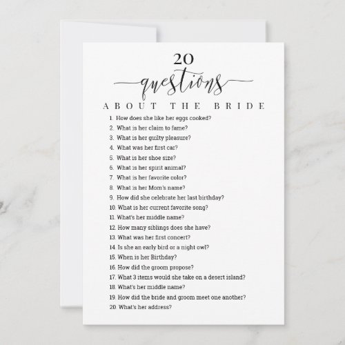 20 Questions about the Bride Bridal Shower Game Invitation