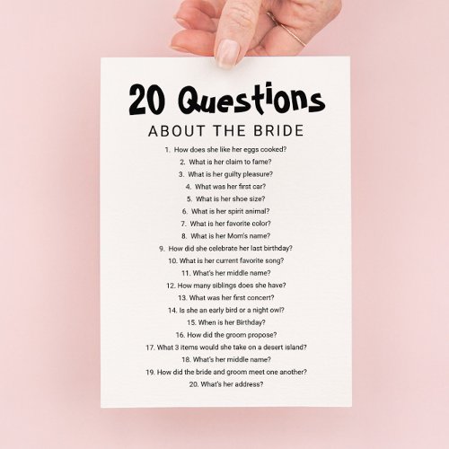 20 Questions about the Bride Bridal Shower Game Invitation