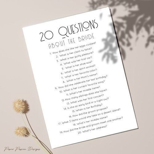 20 Questions about the Bride Bridal Shower Game Invitation