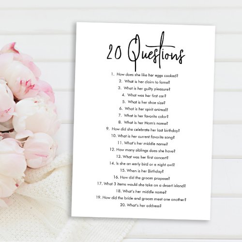 20 Questions about the Bride Bridal Shower Game Invitation