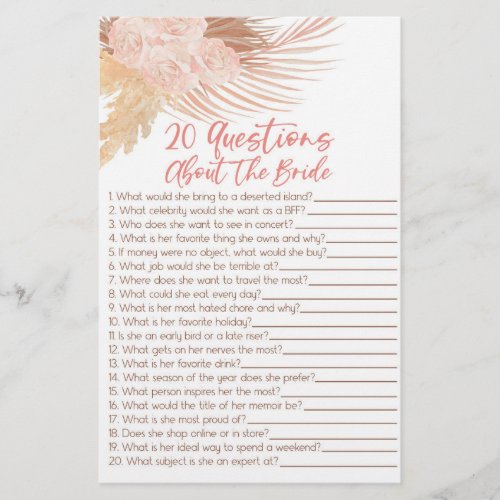 20 Questions About The Bride Bridal Shower Game  Stationery