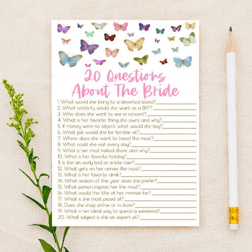 20 Questions About The Bride Bridal Shower Game Stationery