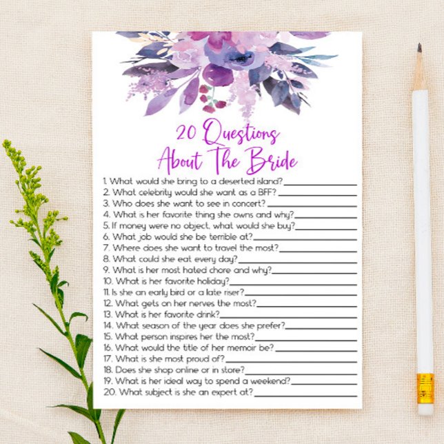 20 Questions About The Bride Bridal Shower Game  Stationery (Creator Uploaded)