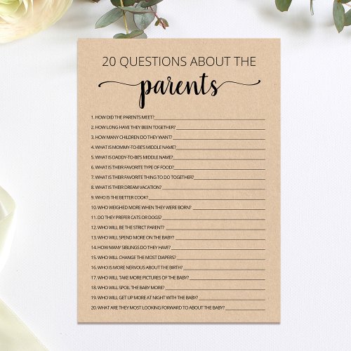 20 Questions about the Parents Baby Shower Card