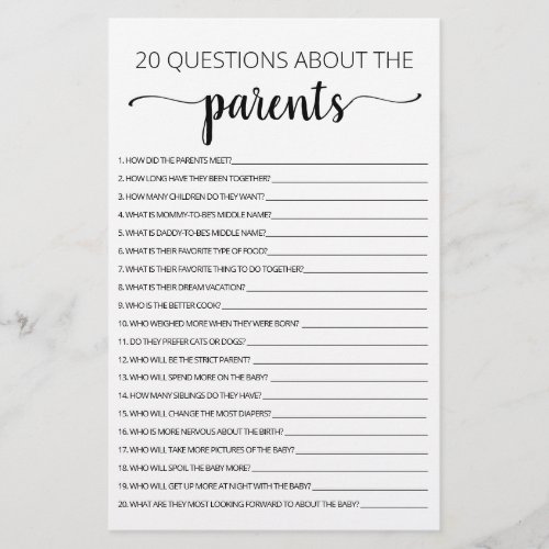 20 Questions about the Parents Baby Shower game