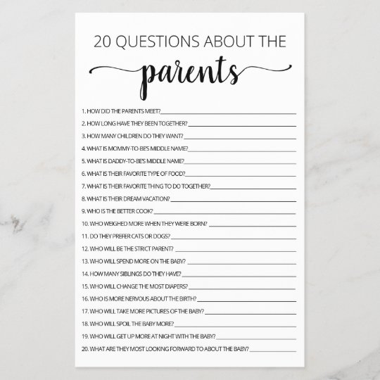 20 Questions about the Parents Baby Shower game