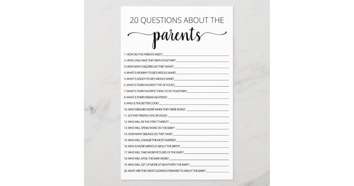 20 Questions about the Parents Baby Shower game | Zazzle