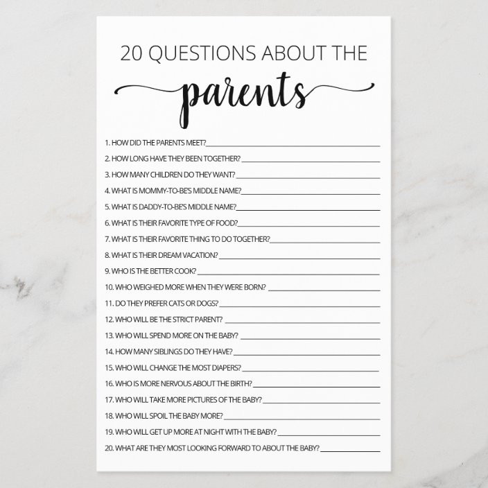 20 Questions about the Parents Baby Shower game Zazzle