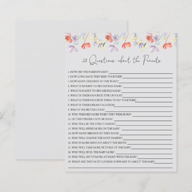 20 Questions about the Parents baby shower game (Front/Back)