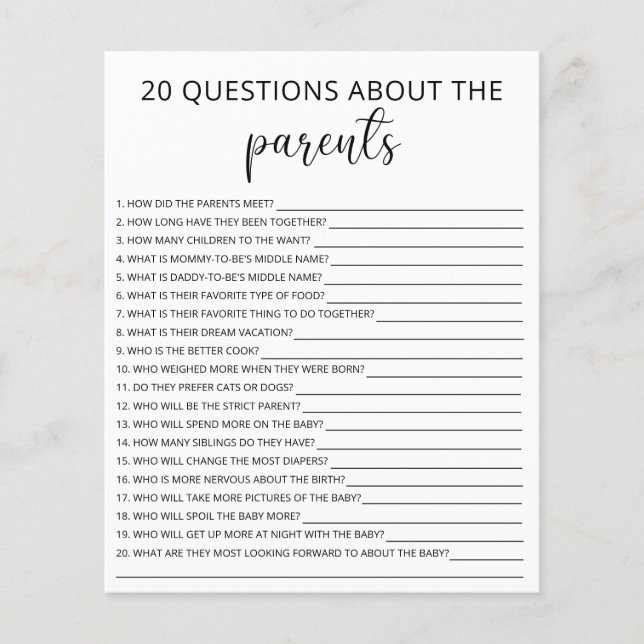 20 Questions about the Parents baby shower game (Front)