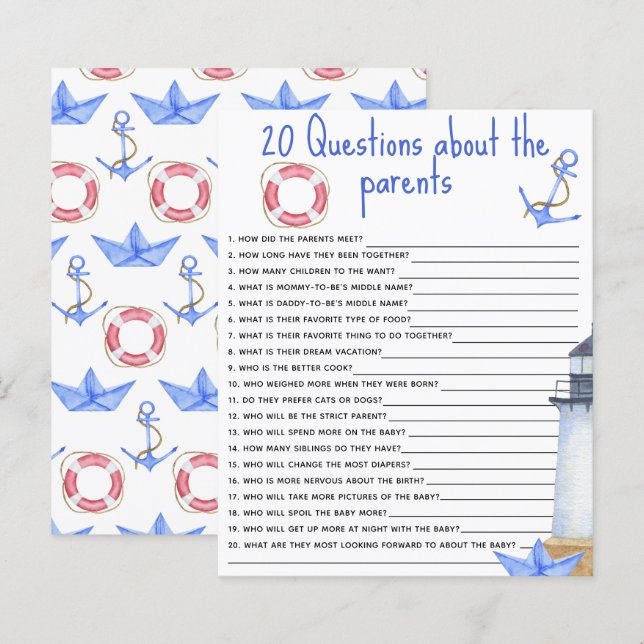 20 Questions about the Parents baby shower game (Front/Back)