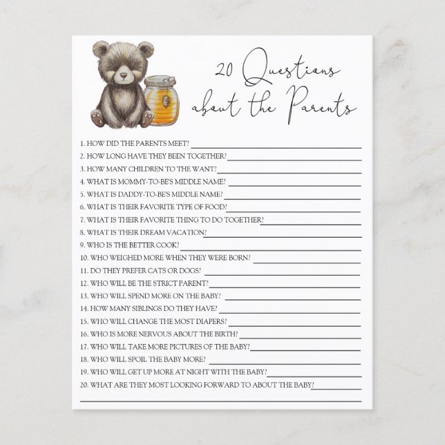 20 Questions about the Parents baby shower game (Front)