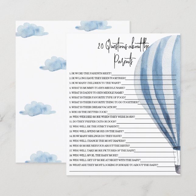 20 Questions about the Parents baby shower game (Front/Back)