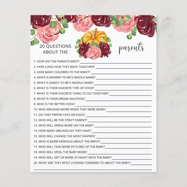 20 Questions about the Parents baby shower game (Front)