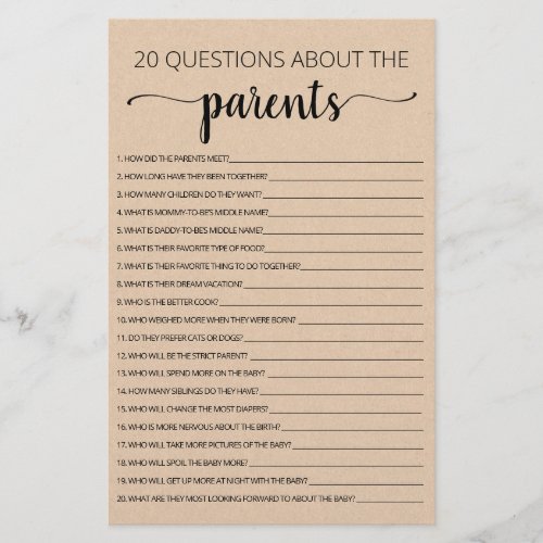 20 Questions about the Parents Baby Shower game
