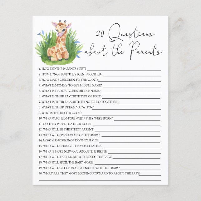 20 Questions about the Parents baby shower game (Front)