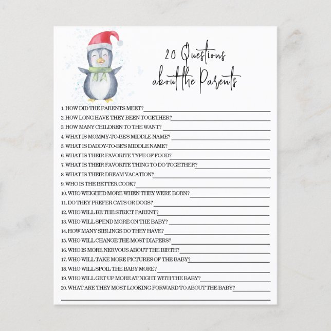 20 Questions about the Parents baby shower game (Front)