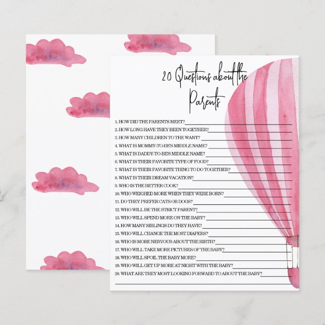 20 Questions about the Parents baby shower game (Front/Back)